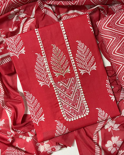 Subah Pure Cotton Suit Set with Sequin Handwork & Lace- Red