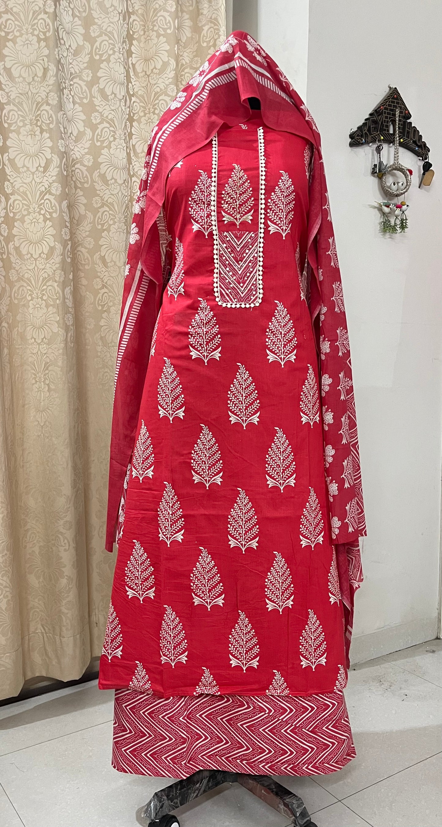Subah Pure Cotton Suit Set with Sequin Handwork & Lace- Red
