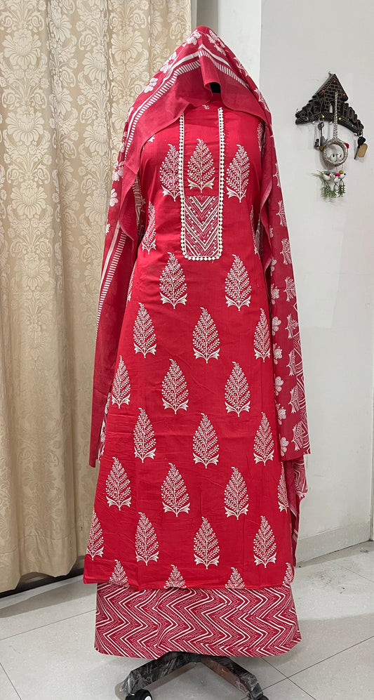 Subah Pure Cotton Suit Set with Sequin Handwork & Lace- Red
