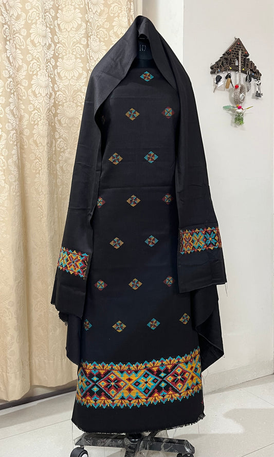 Pahadi Kullvi Soft Woolen Suit with Matching Stole - Black