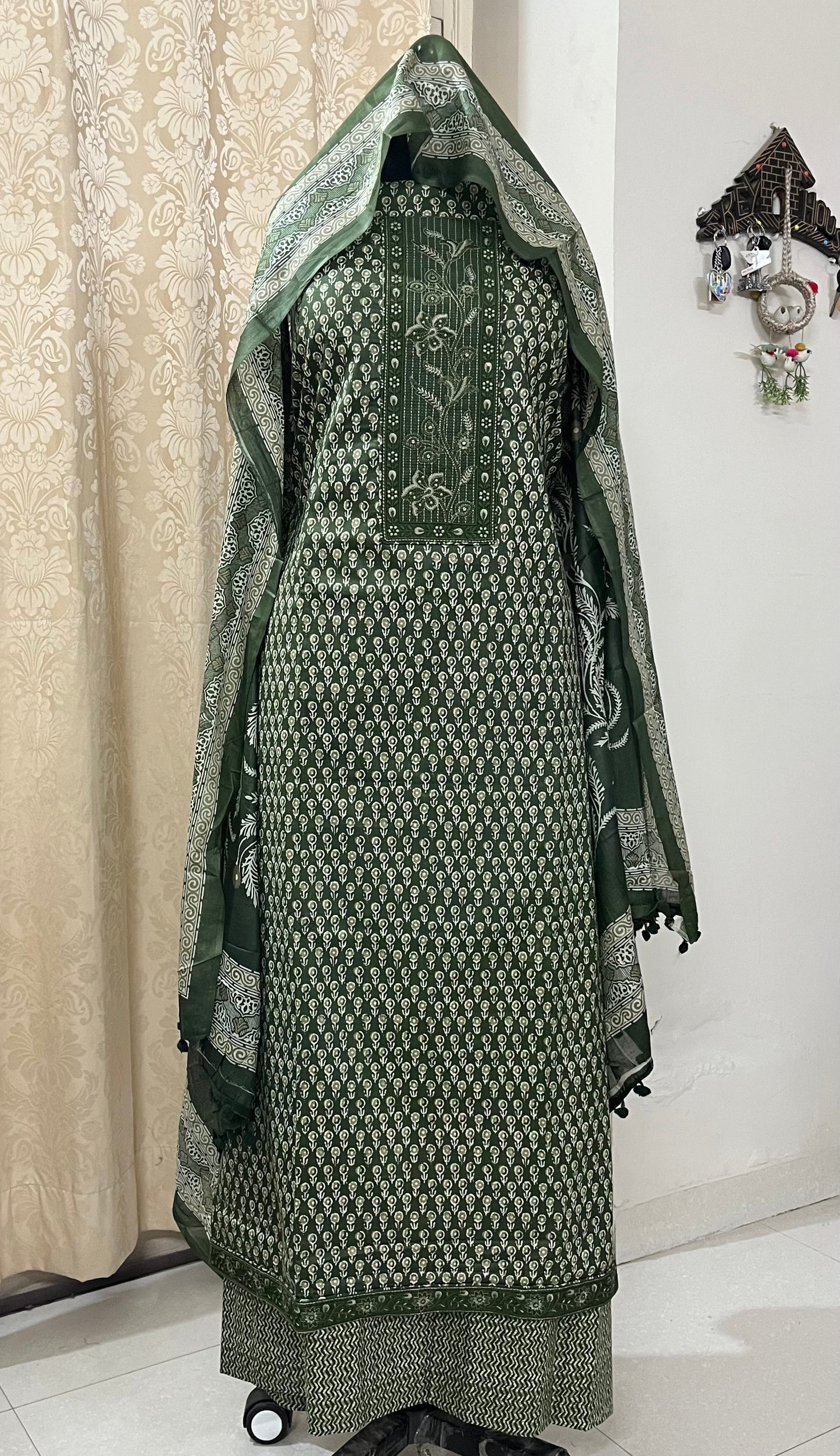 Roop Pure Cotton Suit Set with Embroidered Neck Patch - Mehndi Green