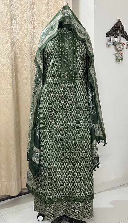 Roop Pure Cotton Suit Set with Embroidered Neck Patch - Mehndi Green