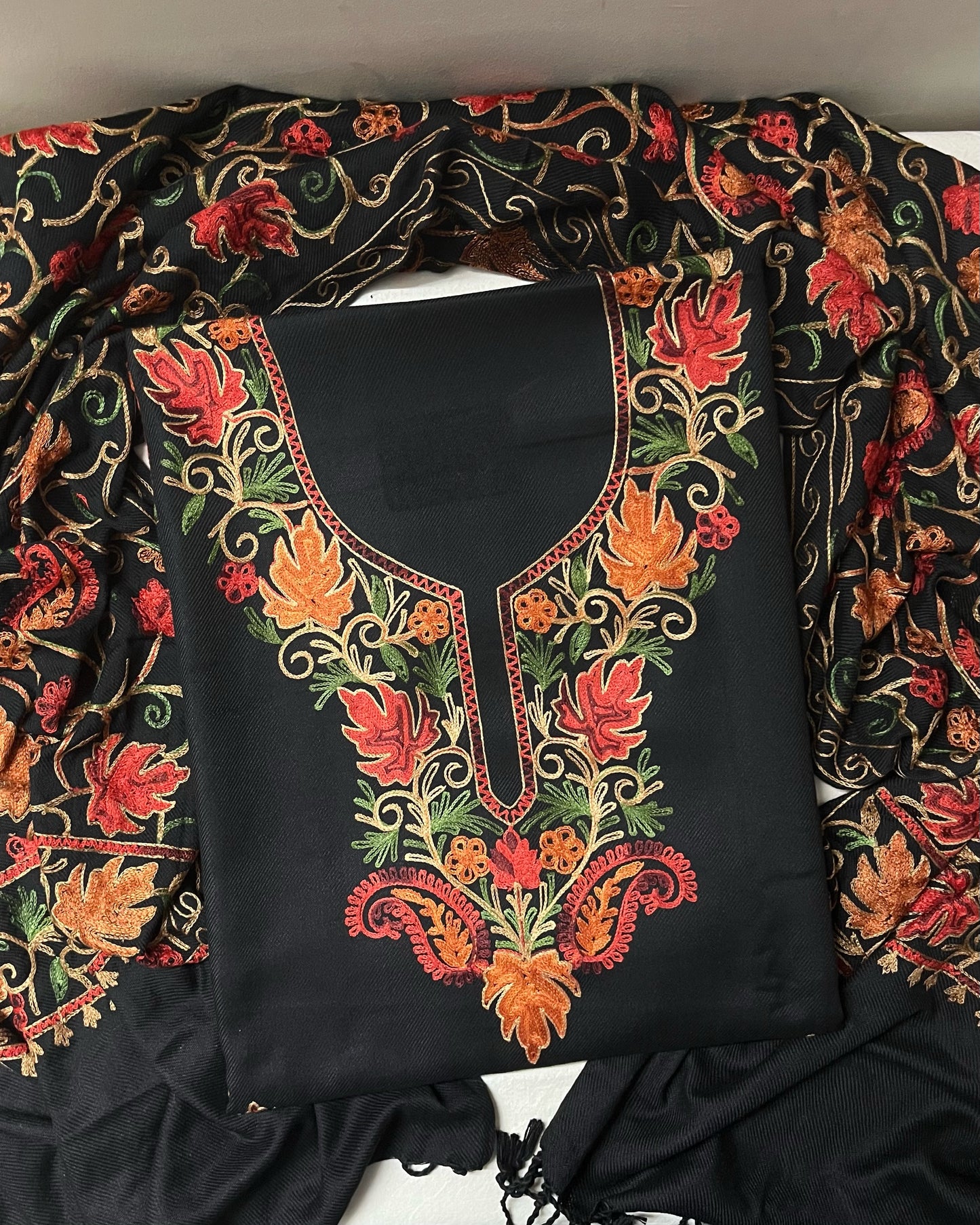Kashmiri Embroidered Woolen Suit with Full Jaal Stole - Black