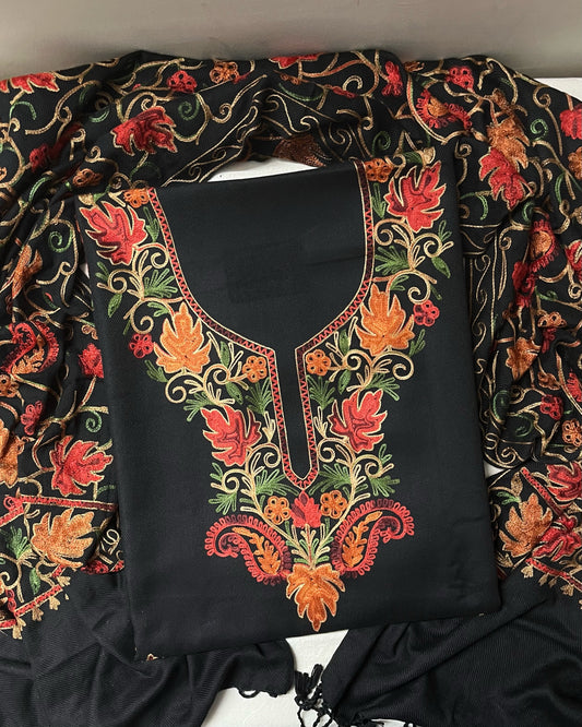 Kashmiri Embroidered Woolen Suit with Full Jaal Stole - Black