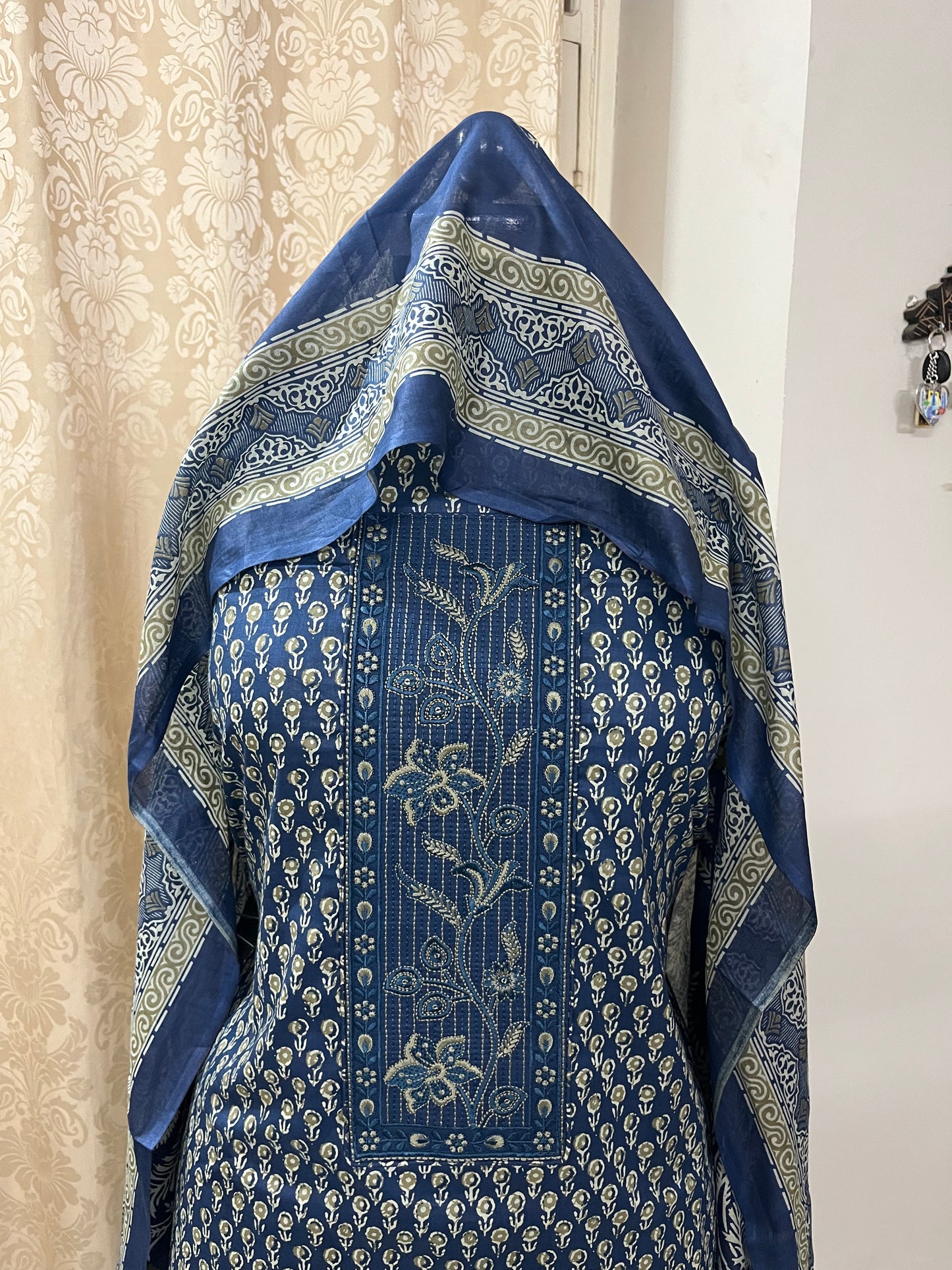 Roop Pure Cotton Suit Set with Embroidered Neck Patch - Navy Blue