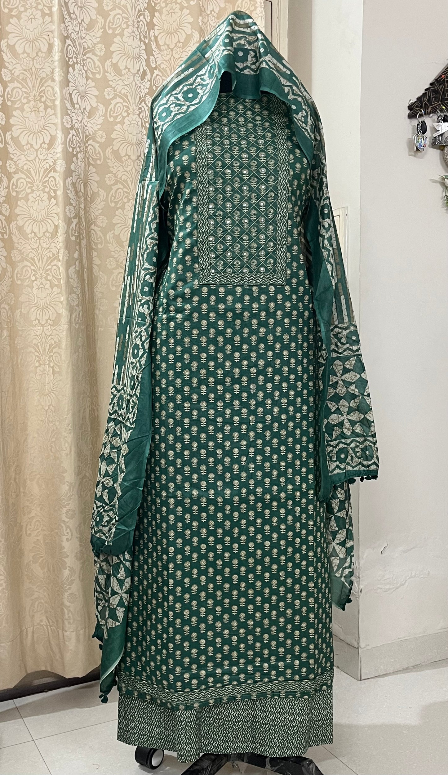 Paalki Pure Cotton Suit Set with Knot & Mirror Work Neck Patch - Bottle Green