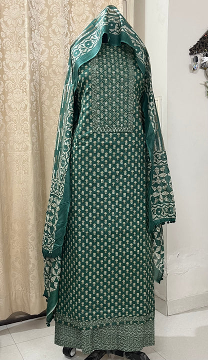 Paalki Pure Cotton Suit Set with Knot & Mirror Work Neck Patch - Bottle Green