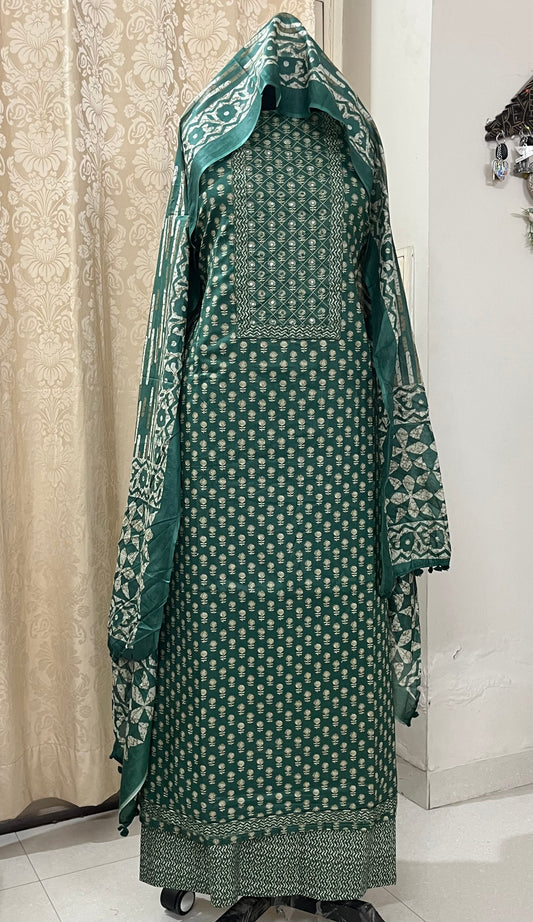 Paalki Pure Cotton Suit Set with Knot & Mirror Work Neck Patch - Bottle Green