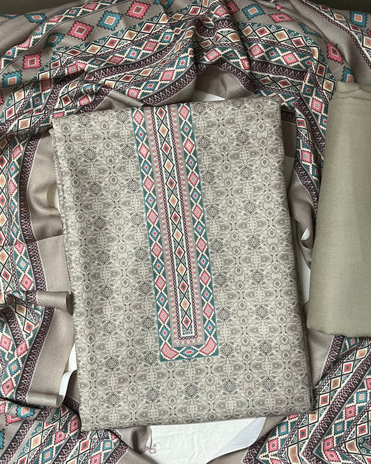 Stone Grey Floral Toosh Pashmina Suit with Matching Stole