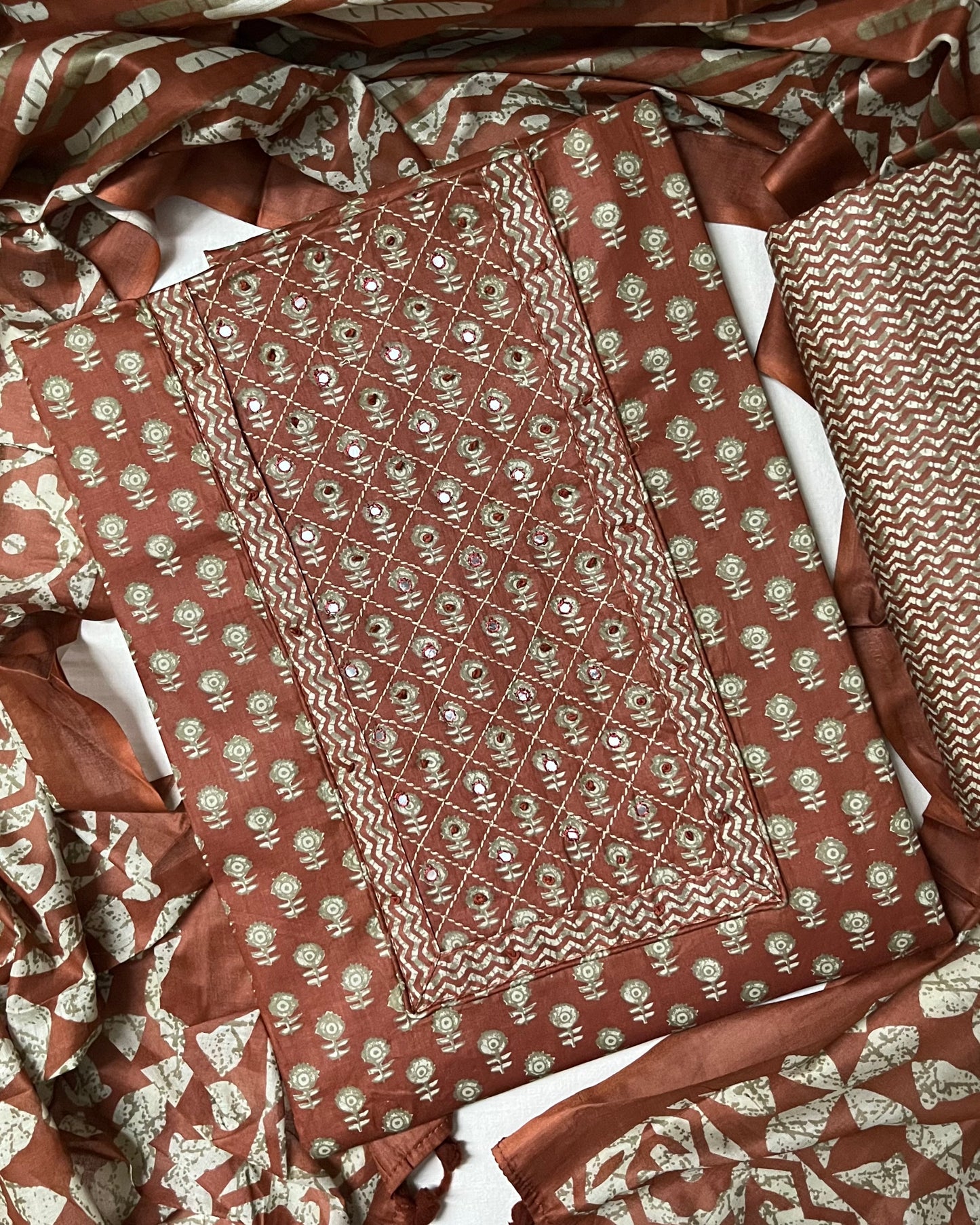 Paalki Pure Cotton Suit Set with Knot & Mirror Work Neck Patch - Rust