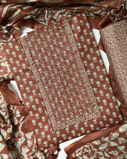 Paalki Pure Cotton Suit Set with Knot & Mirror Work Neck Patch - Rust