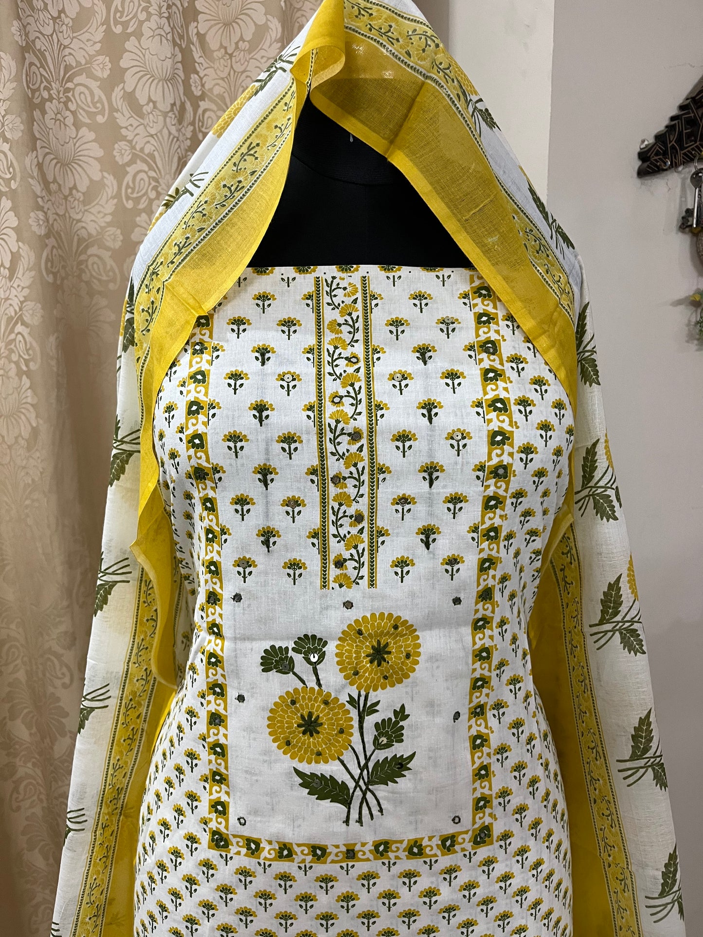 Sajni Pure Cotton Floral Suit Set with Knot & Mirror Work - Yellow
