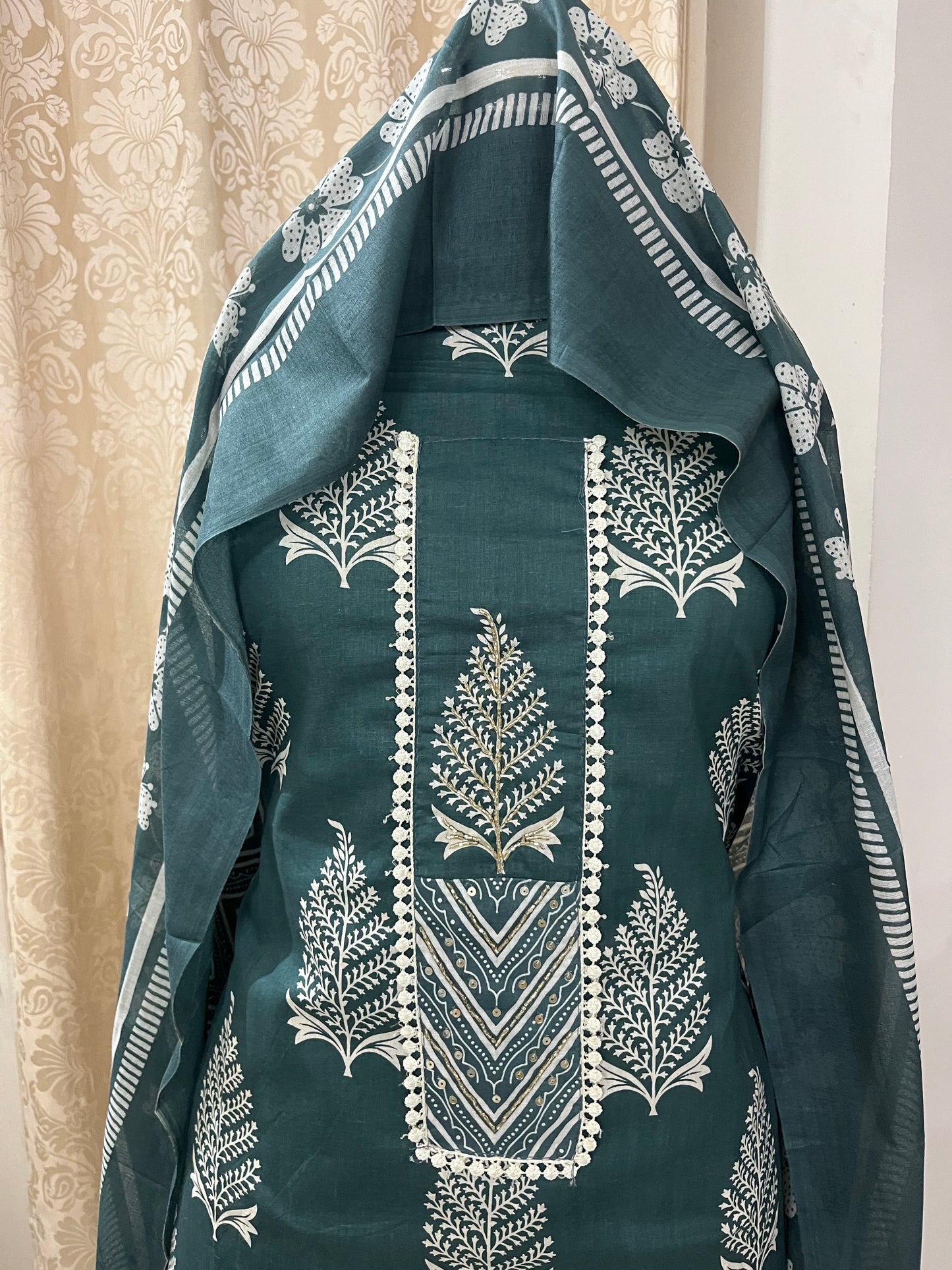 Subah Pure Cotton Suit Set with Sequin Handwork & Lace- Dark Green