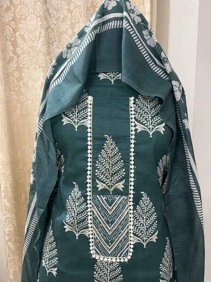 Subah Pure Cotton Suit Set with Sequin Handwork & Lace- Dark Green