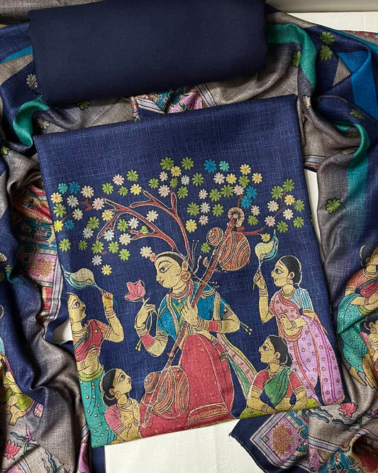Meera Bai Pichwai Art Woolen Suit with Aari Work & Matching Stole - Navy Blue