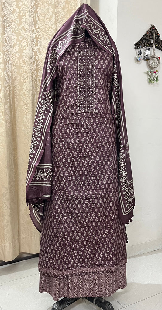 Zevar Pure 100% Cotton Suit Set with Hand Embroidered Neck Patch - Wine