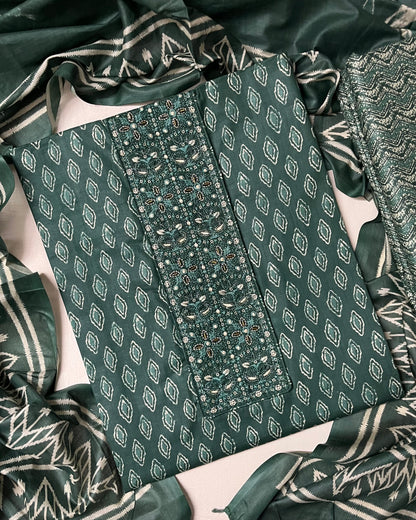 Zevar Pure 100% Cotton Suit Set with Hand Embroidered Neck Patch -Bottle Green