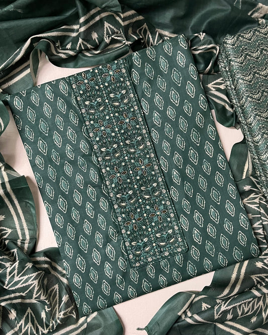Zevar Pure 100% Cotton Suit Set with Hand Embroidered Neck Patch -Bottle Green