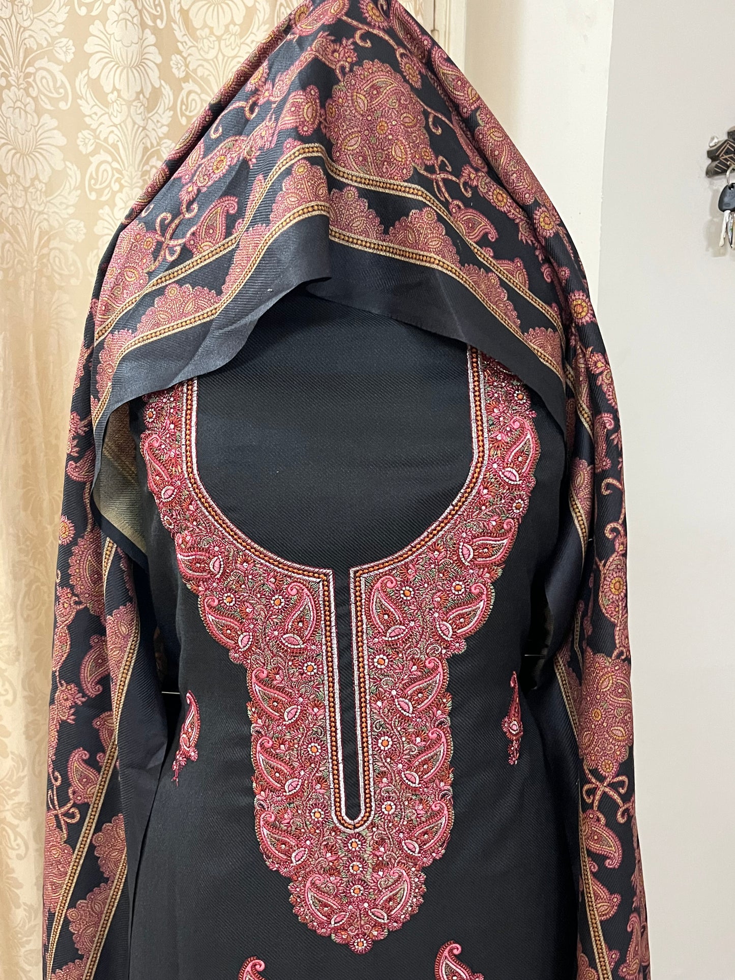 Virsa Pashmina Wool Suit with Antique-Style Embroidery - Black
