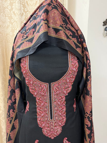 Virsa Pashmina Wool Suit with Antique-Style Embroidery - Black