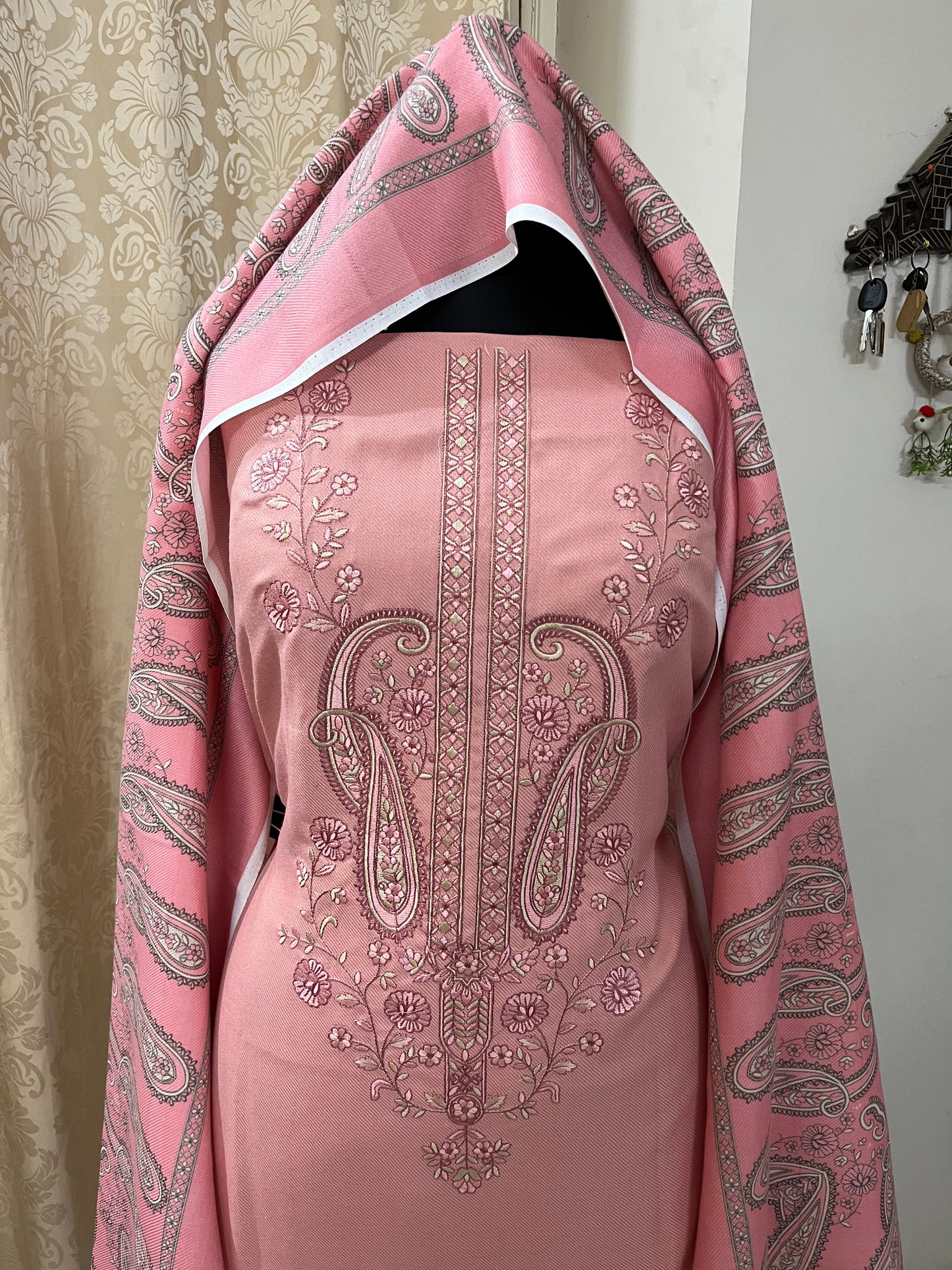 Zoya Pashmina Wool Suit with Boutique-Style Embroidery - Pastel Pink