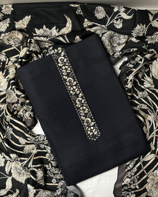 Zaitra Fine Merino Wool Suit with Matching Stole - Royal Black