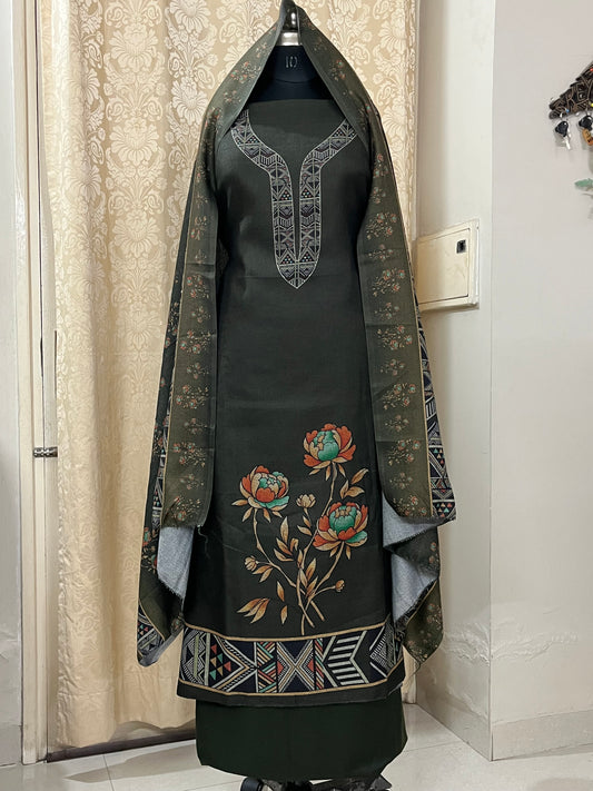 Woolen Suit with Digital Floral Print & Matching Stole - Mehndi Green