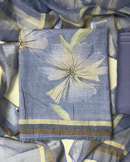 Hastkala Premium Linen Summer Floral Suit with Handwork - Lavender