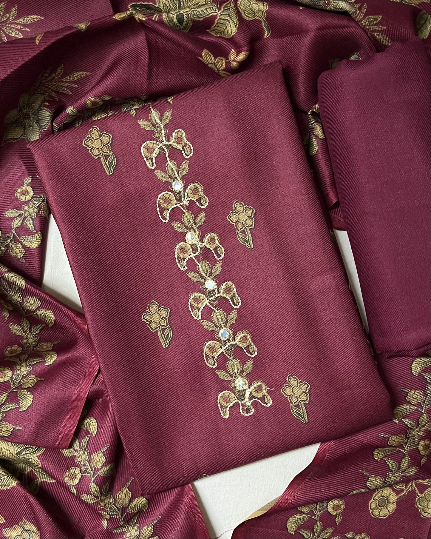 Phool Aari-Work Toosh Pashmina Woolen Suit - Raspberry Pink