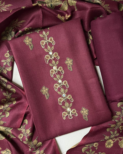 Phool Aari-Work Toosh Pashmina Woolen Suit - Raspberry Pink