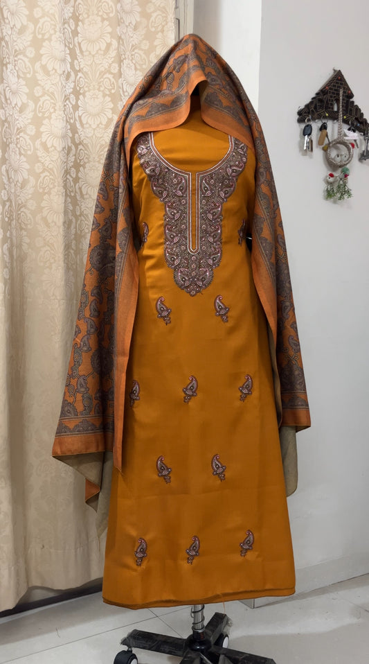 Virsa Pashmina Wool Suit with Antique-Style Embroidery - Mustard