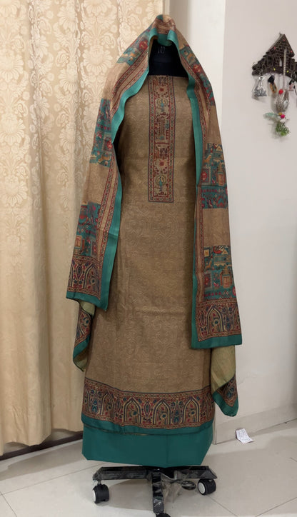 Kalakriti Pashmina Woolen Suit with Self-Design Base - Bottle Green