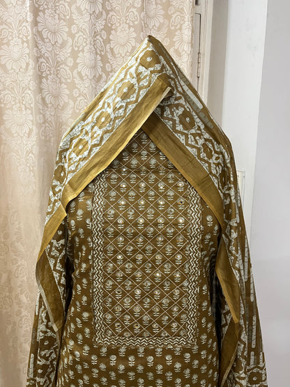 Paalki Pure Cotton Suit Set with Knot & Mirror Work Neck Patch - Burnt Mustard