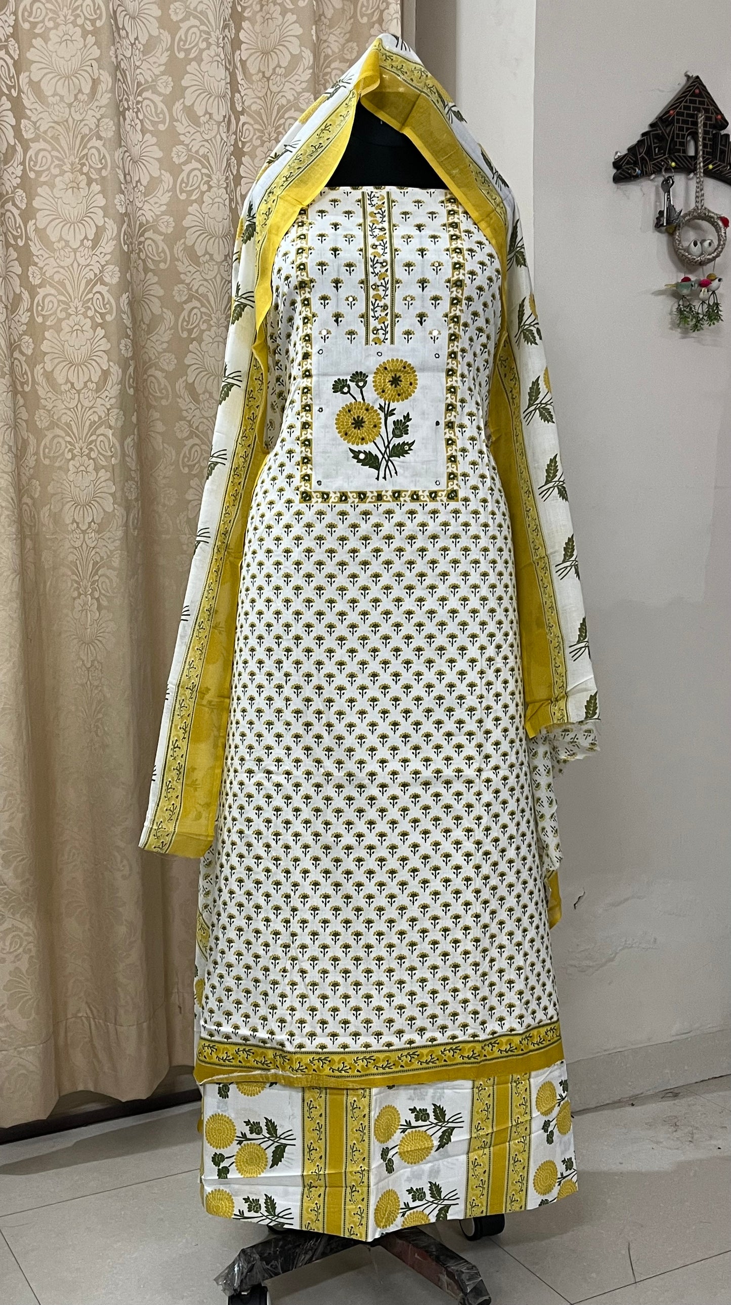 Sajni Pure Cotton Floral Suit Set with Knot & Mirror Work - Yellow