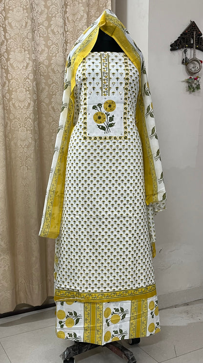 Sajni Pure Cotton Floral Suit Set with Knot & Mirror Work - Yellow