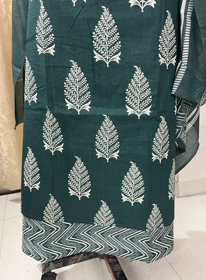 Subah Pure Cotton Suit Set with Sequin Handwork & Lace- Dark Green