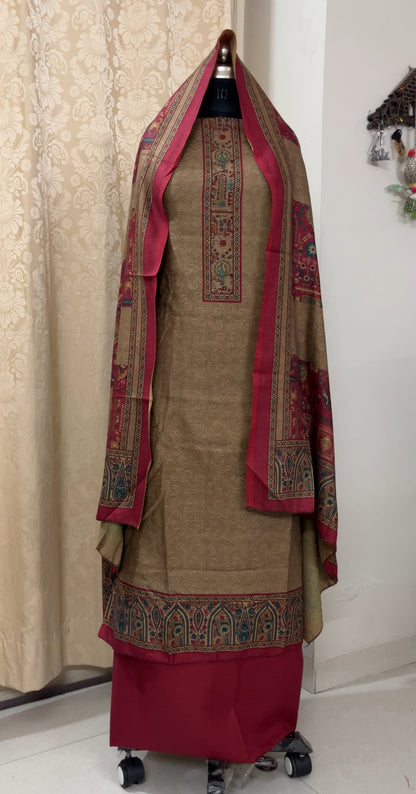 Kalakriti Pashmina Woolen Suit with Self-Design Base - Pink