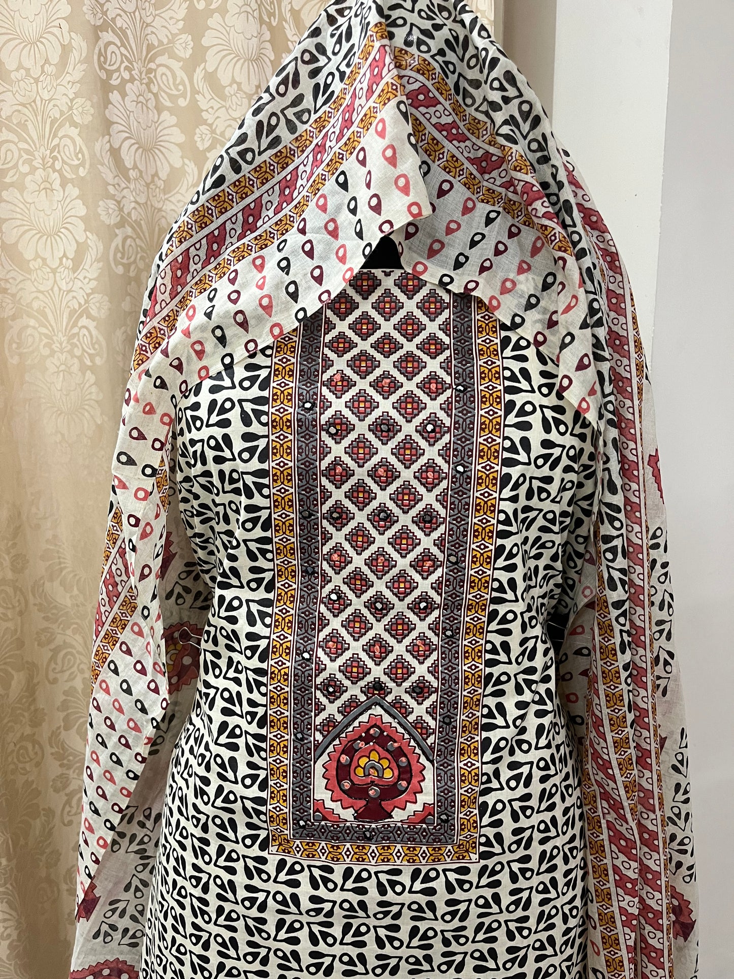 Ajrakh Print Pure Cotton Suit Set with Knot & Mirror Work