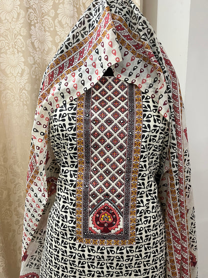 Ajrakh Print Pure Cotton Suit Set with Knot & Mirror Work