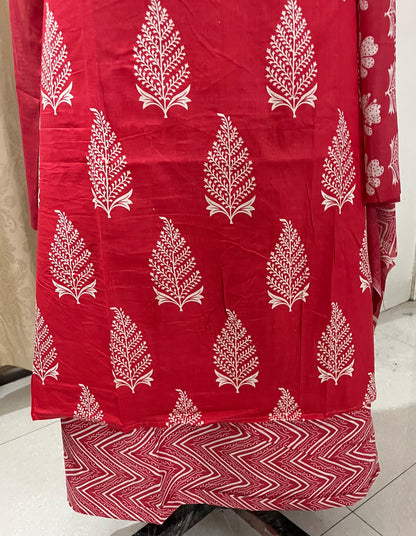 Subah Pure Cotton Suit Set with Sequin Handwork & Lace- Red