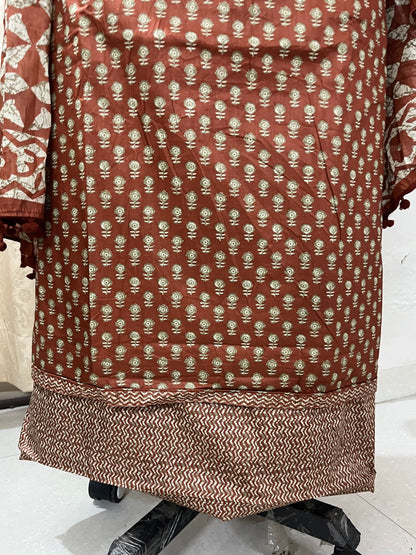 Paalki Pure Cotton Suit Set with Knot & Mirror Work Neck Patch - Rust