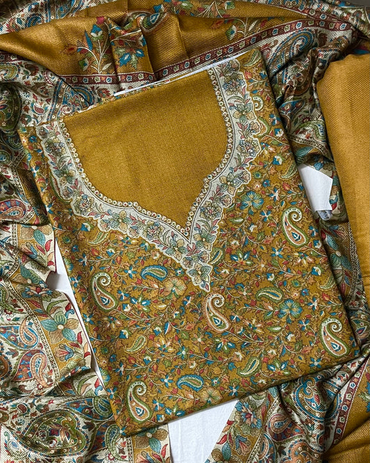 Tehzeeb Soft Pashmina Woolen Suit with Kani Print & Matching Stole - Mustard