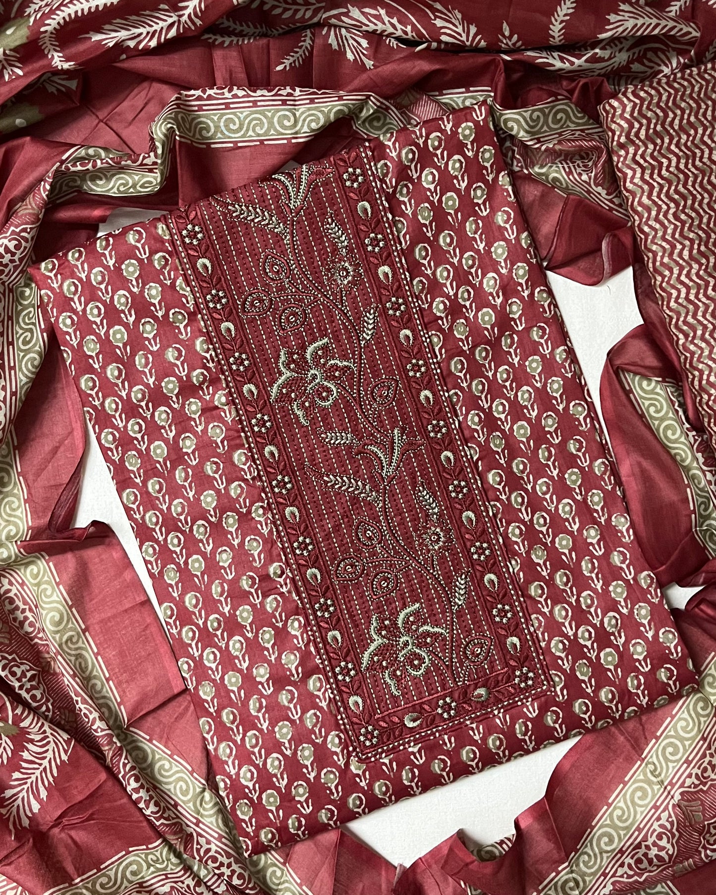 Roop Pure Cotton Suit Set with Embroidered Neck Patch - Brick Red