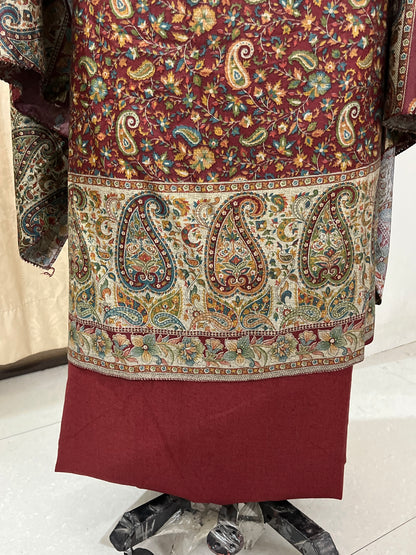Tehzeeb Soft Pashmina Woolen Suit with Kani Print & Matching Stole - Maroon