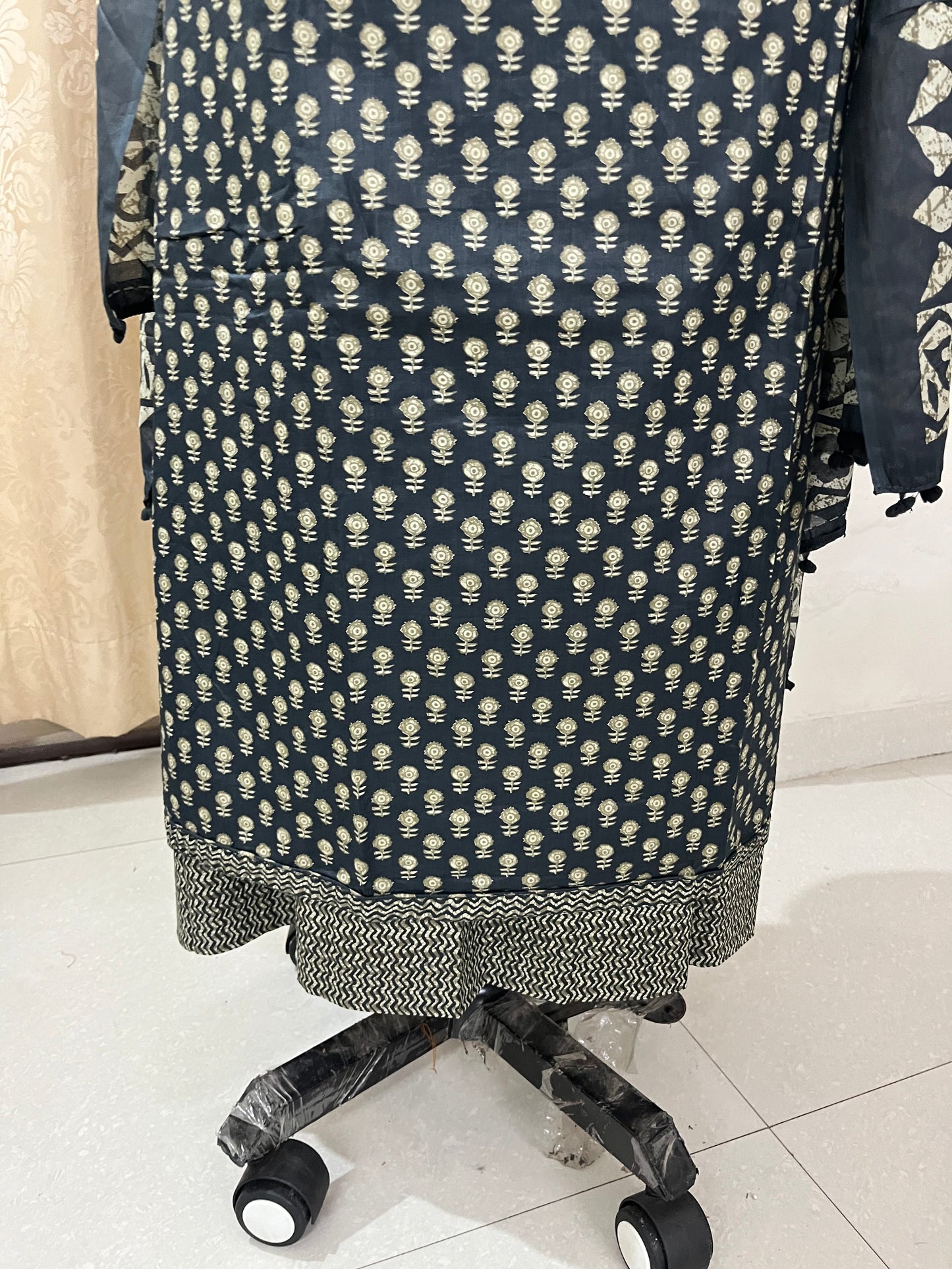 Paalki Pure Cotton Suit Set with Knot & Mirror Work Neck Patch - Midnight Blue