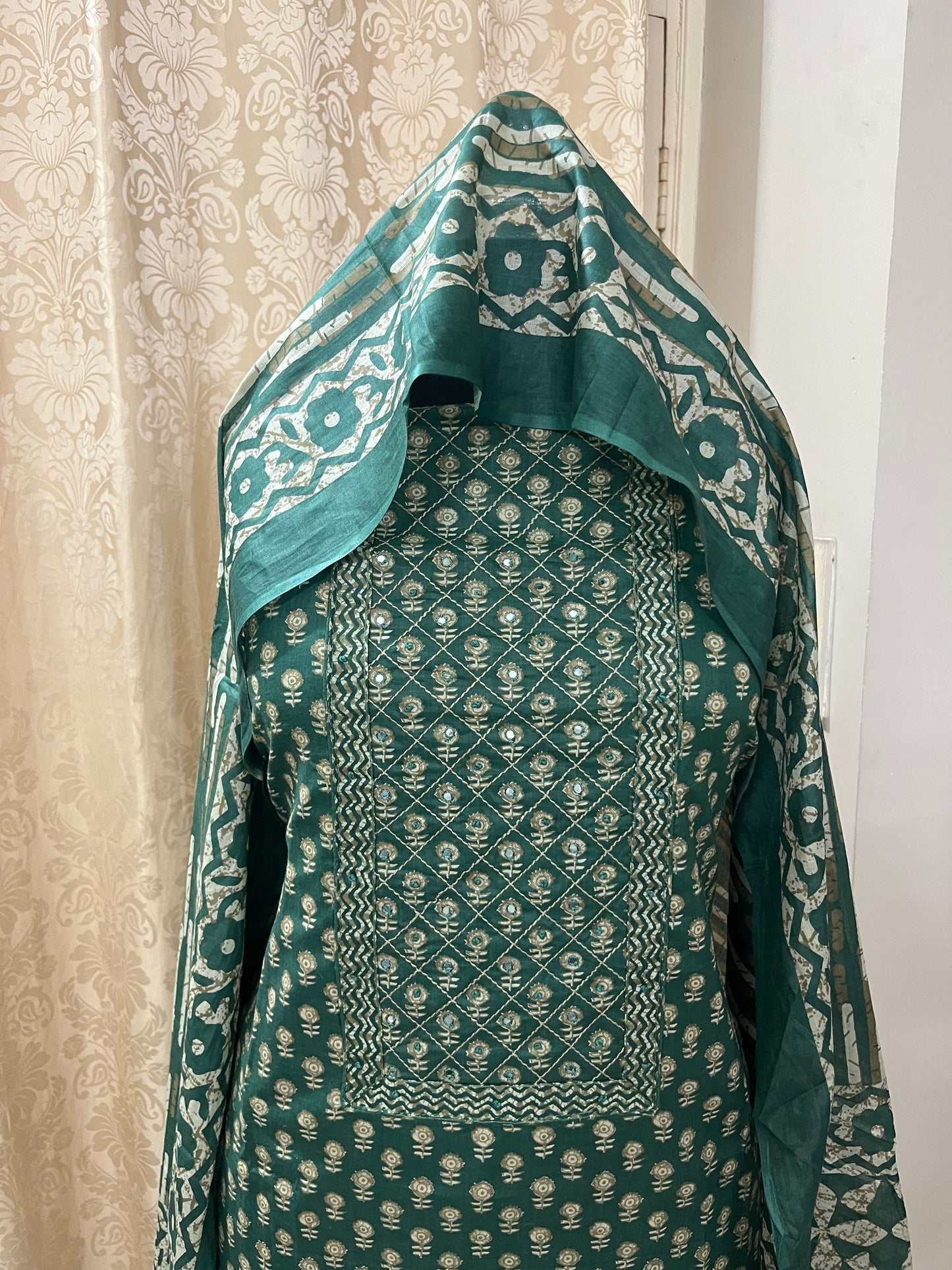 Paalki Pure Cotton Suit Set with Knot & Mirror Work Neck Patch - Bottle Green