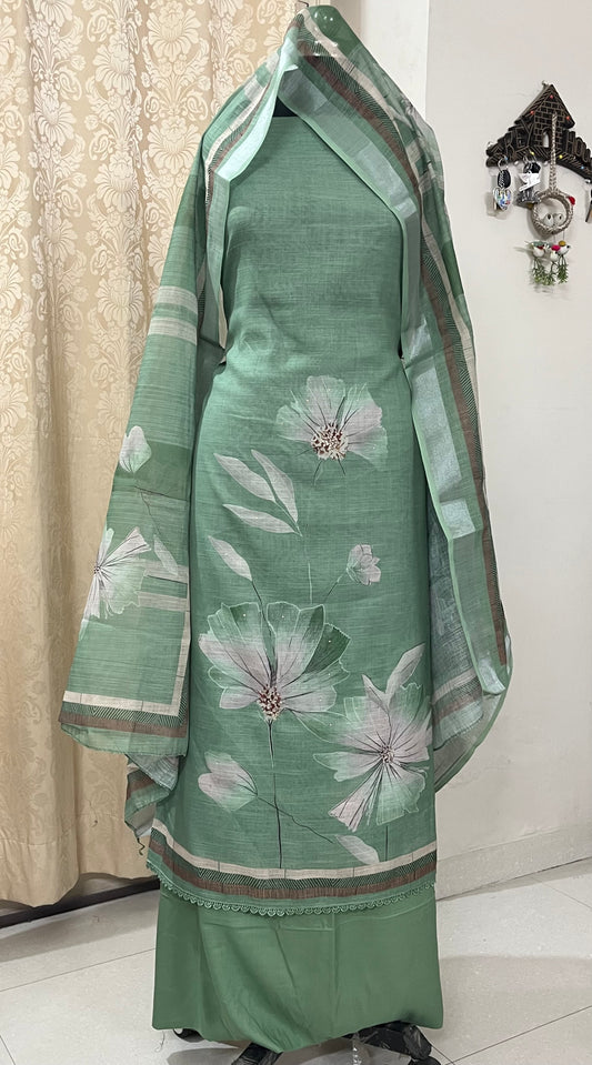 Hastkala Premium Linen Summer Floral Suit with Handwork - Sage Green