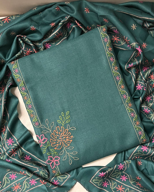 Riwaaz Pashmina Wool Suit with Boutique-Style Embroidery - Firozi