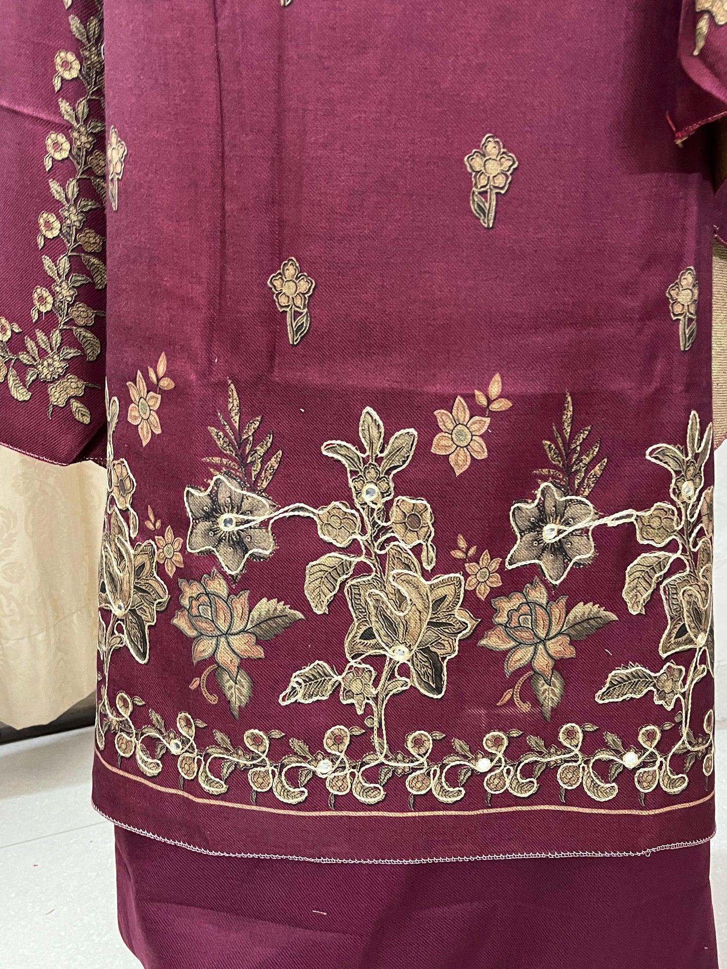 Phool Aari-Work Toosh Pashmina Woolen Suit - Raspberry Pink