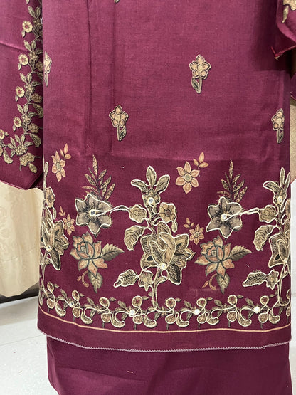 Phool Aari-Work Toosh Pashmina Woolen Suit - Raspberry Pink